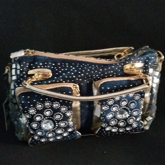 ☆Last One☆ Bling Denim/Gold Faux Lthr Bag NWT - Picture 3 of 7